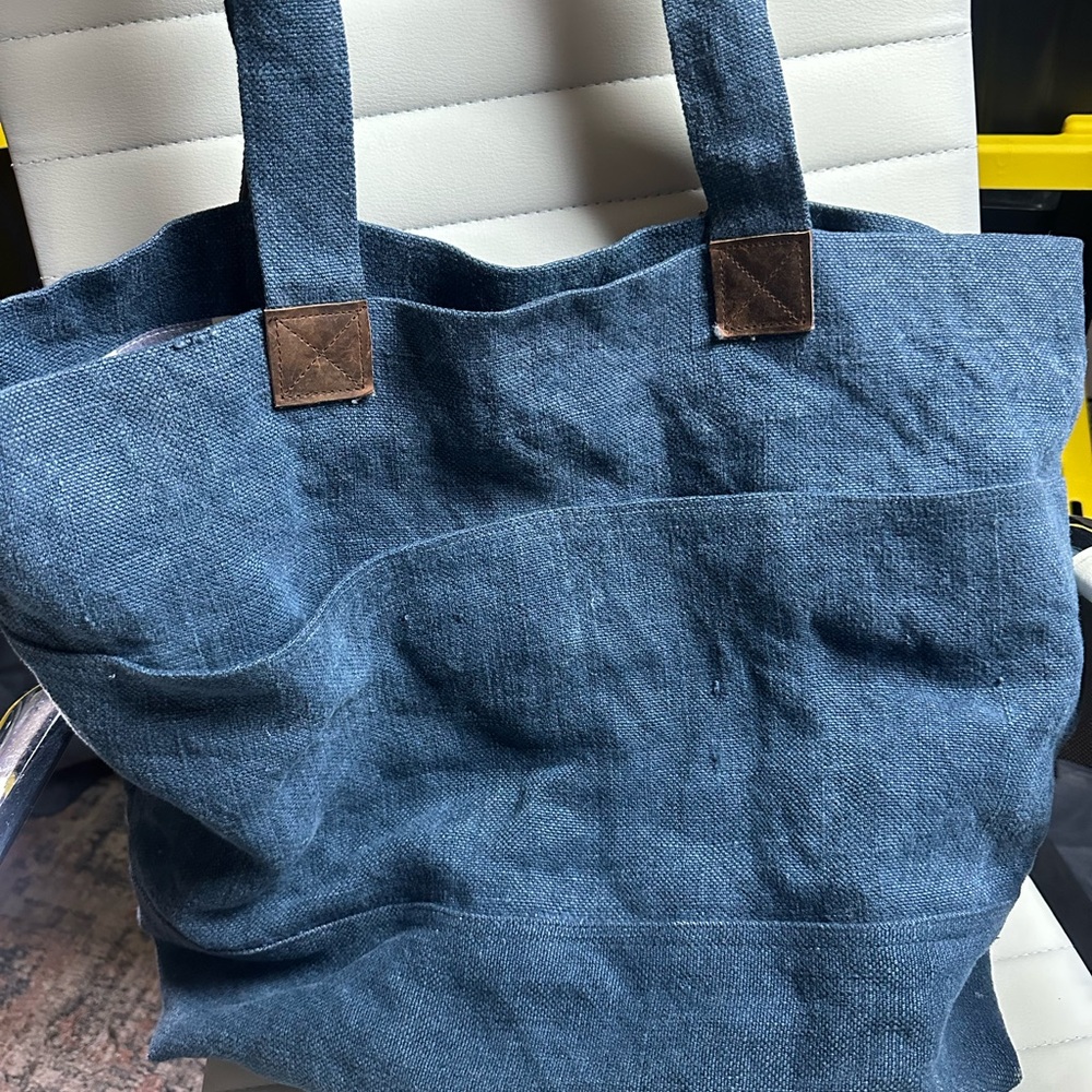Stylish Blue Tote Bag- leather handles
